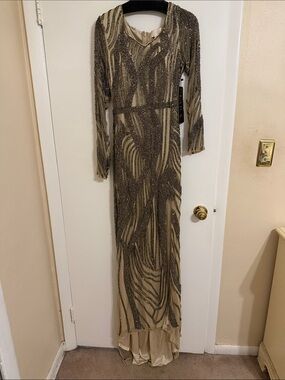 LARA Long Sleeve Beaded Evening Gown in Gold and Black